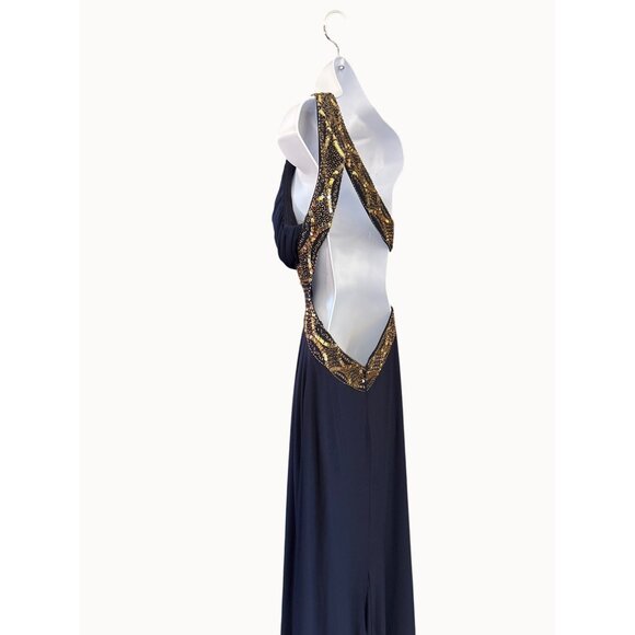 Aqua Dress Navy Gold One Shoulder Evening Gown Sz 4 Open Back Luxe Beaded Formal - Picture 3 of 9